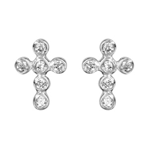 Boucles d\'oreilles en argent rhodié croix chrétienne en oxydes blancs sertis clos et fermoir clou avec poussette - Vue 1