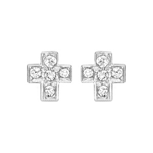 Boucles d\'oreilles en argent rhodi croix orne d\'oxydes blancs sertis et fermoir poussette - Vue 1