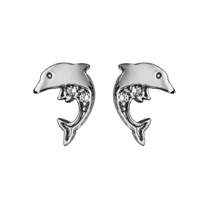 Boucles d\'oreilles en argent rhodié dauphin avec 1 moitié lisse et l\'autre ornée d\'oxydes blancs et fermoir clou avec poussette - Vue 1