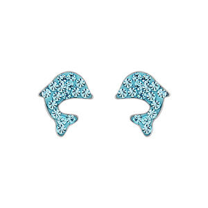 Boucles d\'oreilles en argent rhodi dauphin avec strass bleu ciel et fermoir poussette - Vue 1