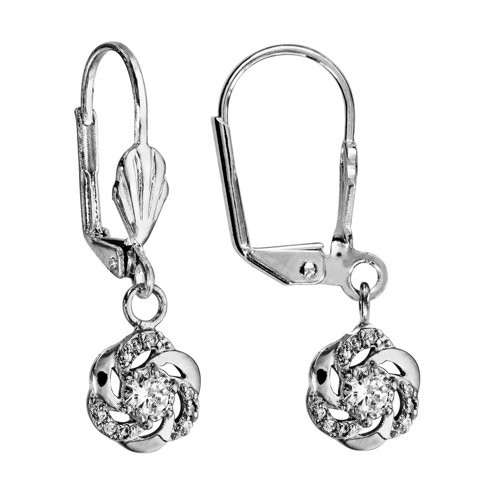 Boucles d\'oreilles en argent rhodi� dormeuse fleur oxyde blanc serti - Vue 1