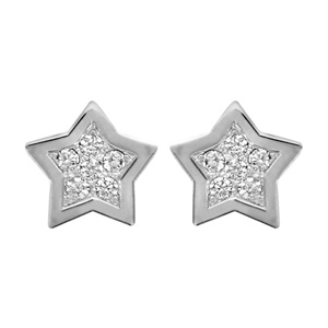 Boucles d\'oreilles en argent rhodi toile pave d\'oxydes blancs sertis avec bords lisses et fermoir poussette - Vue 1