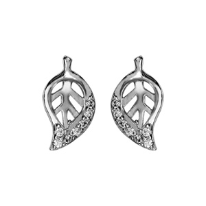 Boucles d\'oreilles en argent rhodi feuille ajoure bord orn d\'oxydes blancs sertis et fermoir poussette - Vue 1