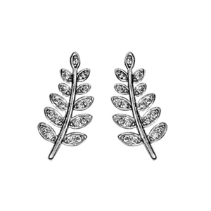 Boucles d\'oreilles en argent rhodi feuille de frne orne d\'oxydes blancs sertis et fermoir poussette - Vue 1