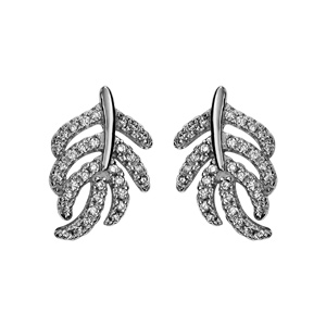 Boucles d\'oreilles en argent rhodié feuille en plusieurs brins ornés d\'oxydes blancs sertis avec tige lisse et fermoir clou avec poussette - Vue 1