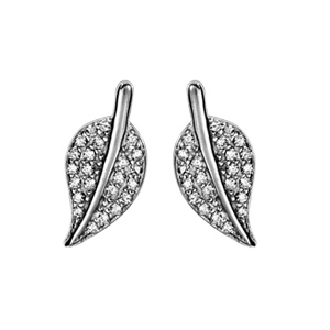 Boucles d\'oreilles en argent rhodié feuille pavée d\'oxydes blancs avec tige lisse et fermoir poussette - Vue 1