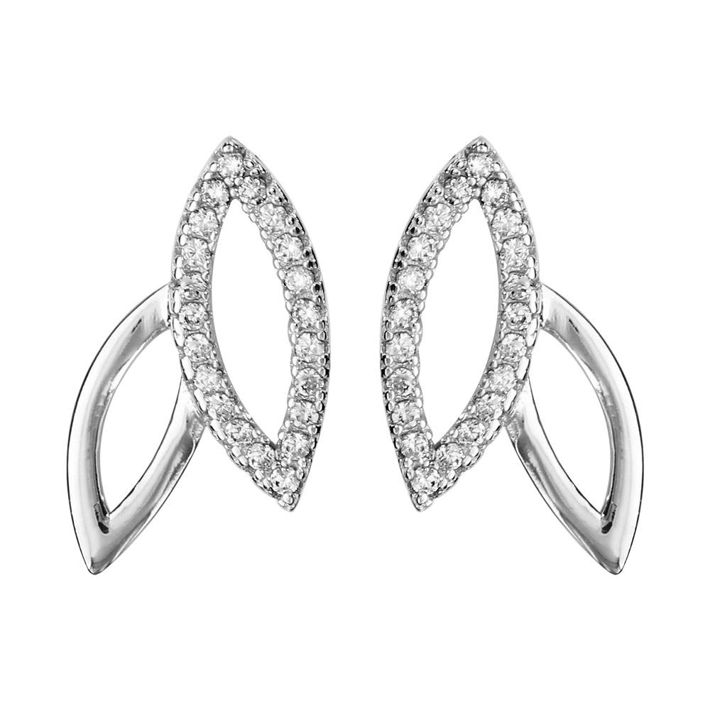 Boucles d\'oreilles en argent rhodi feuilles vides et oxydes blancs sertis et fermoir poussette - Vue 1