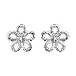 Boucles d\'oreilles en argent rhodié fleur à 5 pétales ajourés avec 1 oxyde blanc serti au centre et fermoir clou avec poussette - Vue 1