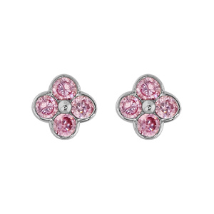 Boucles d\'oreilles en argent rhodi fleur  4 ptales avec oxydes roses sertis et fermoir poussette - Vue 1