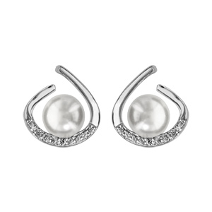 Boucles d\'oreilles en argent rhodi forme arrondie ouverte en haut avec oxydes blancs sertis en bas et perle blanche et fermoir poussette - Vue 1