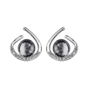 Boucles d\'oreilles en argent rhodi forme arrondie ouverte en haut avec oxydes blancs sertis en bas et perle grise et fermoir poussette - Vue 1