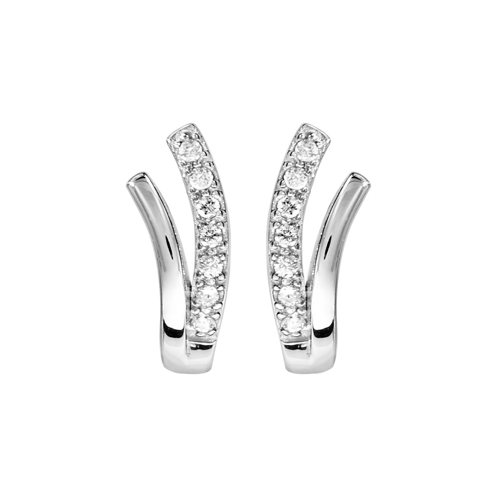 Boucles d\'oreilles en argent rhodi� forme V avec 1 c�t� lisse et l\'autre orn� d\'oxydes blancs sertis - fermoir poussette - Vue 1