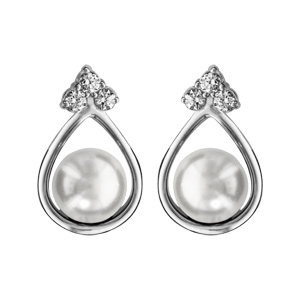 Boucles d\'oreilles en argent rhodi goutte en fil avec perle blanche et fermoir poussette - Vue 1