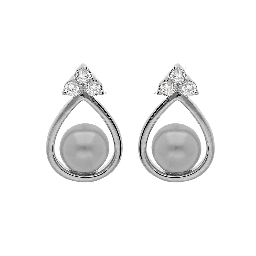 Boucles d\'oreilles en argent rhodi� goutte en fil avec perle grise et fermoir poussette - Vue 1