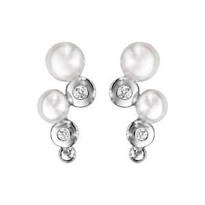 Boucles d\'oreilles en argent rhodié grappe d\'oxydes blancs sertis clos et de 2 perles blanches de synthèse et fermoir poussette - Vue 1