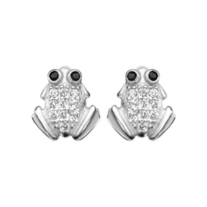 Boucles d\'oreilles en argent rhodi grenouille en oxydes blancs avec yeux en oxydes noirs et fermoir poussette - Vue 1