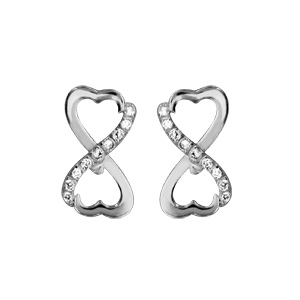 Boucles d\'oreilles en argent rhodi infini form avec 2 coeurs avec 1 partie lisse et l\'autre orne d\'oxydes blancs et fermoir poussette - Vue 1