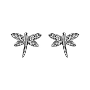 Boucles d\'oreilles en argent rhodi libellule avec ailes paves d\'oxydes blancs sertis et fermoir poussette - Vue 1