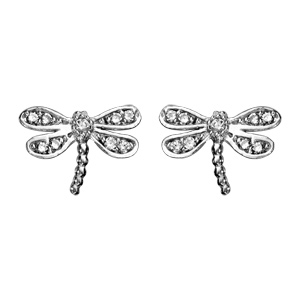 Boucles d\'oreilles en argent rhodi libellule en oxydes blancs sertis et fermoir poussette - Vue 1