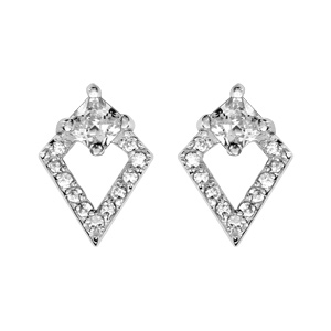 Boucles d\'oreilles en argent rhodi losange en rail d\'oxydes blancs sertis avec gros oxyde et fermoir poussette - Vue 1