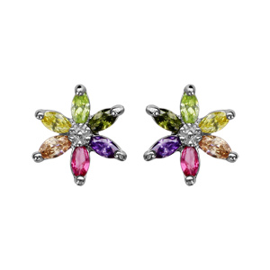 Boucles d\'oreilles en argent rhodi marguerite en oxydes multicolores et fermoir poussette - Vue 1