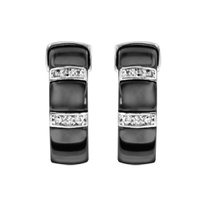 Boucles d\'oreilles en argent rhodié massif baguette en céramique noire avec 2 barrettes d\'oxydes blancs micro-sertis sur le dessus et fermoir clou avec poussette - Vue 1