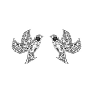 Boucles d\'oreilles en argent rhodié oiseau pavé d\'oxydes blancs sertis et yeux noirs et fermoir clou avec poussette - Vue 1