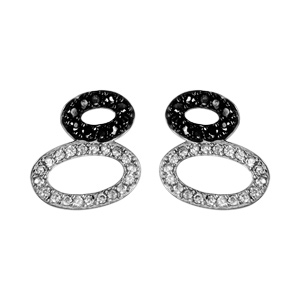 Boucles d\'oreilles en argent rhodié 2 ovales dont 1 orné d\'oxydes blancs et l\'autre d\'oxydes noirs et fermoir clou avec poussette - Vue 1