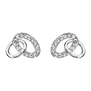 Boucles d\'oreilles en argent rhodi 2 ovales entremls, 1 orn d\'oxydes blancs sertis et l\'autre plus petit et lisse et fermoir poussette - Vue 1