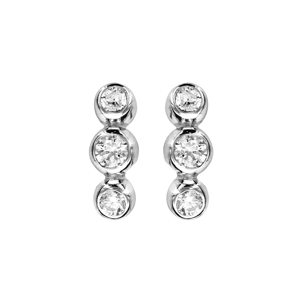 Boucles d\'oreilles en argent rhodi� 3 oxydes blancs sertis clos et fermoir poussette - Vue 1