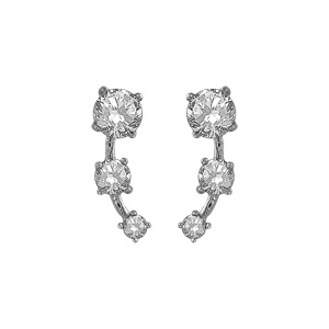 Boucles d\'oreilles en argent rhodi 3 oxydes rond blancs monts sur 1 brin en forme de courbe et fermoir poussette - Vue 1