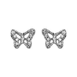 Boucles d\'oreilles en argent rhodi papillon avec ailes ajoures et ornes d\'oxydes blancs sertis et fermoir poussette - Vue 1