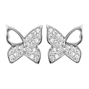 Boucles d\'oreilles en argent rhodi papillon avec ailes paves d\'oxydes blancs sertis  et fermoir poussette - Vue 1