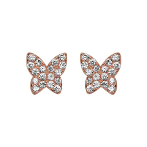 Boucles d\'oreilles en argent rhodi papillon dorure rose pav d\'oxydes blancs sertis et fermoir poussette - Vue 1