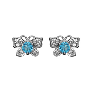 Boucles d\'oreilles en argent rhodi papillon orn d\'oxydes blancs et gros oxyde bleu ciel serti et fermoir poussette - Vue 1