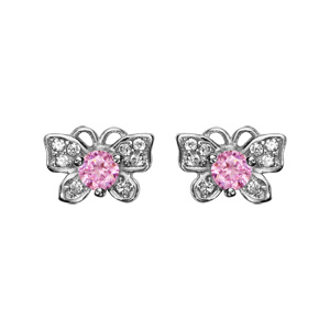 Boucles d\'oreilles en argent rhodi papillon orn d\'oxydes blancs et gros oxyde rose serti et fermoir poussette - Vue 1