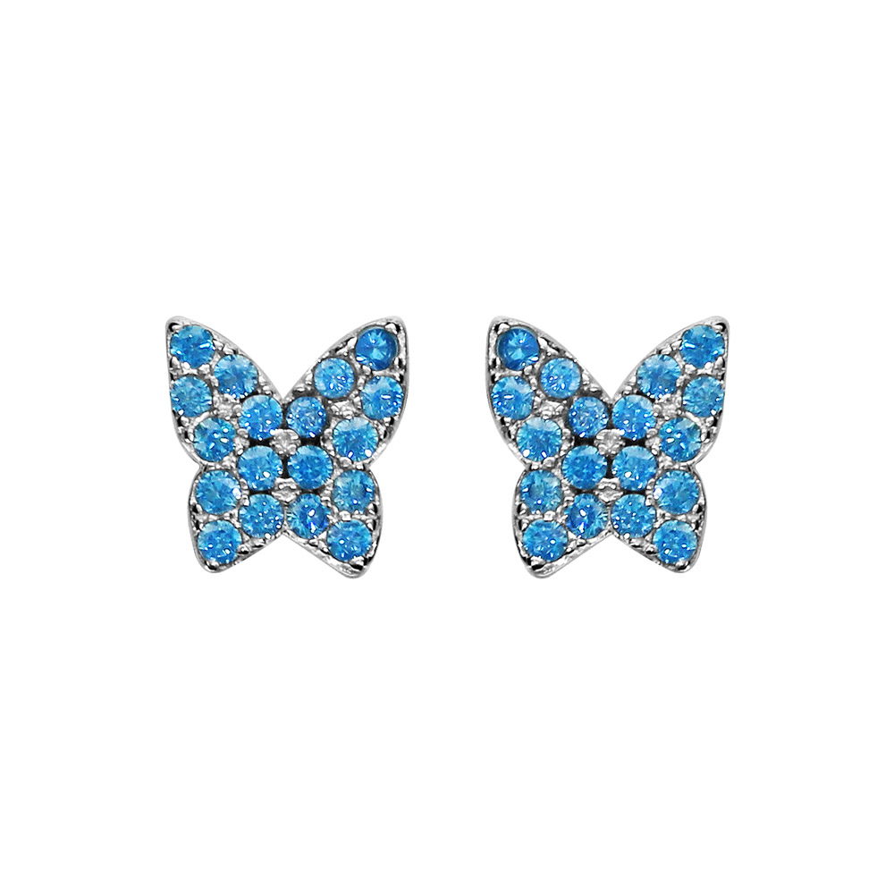 Boucles d\'oreilles en argent rhodi papillon pav de pierres bleu ciel sertis et fermoir poussette - Vue 1