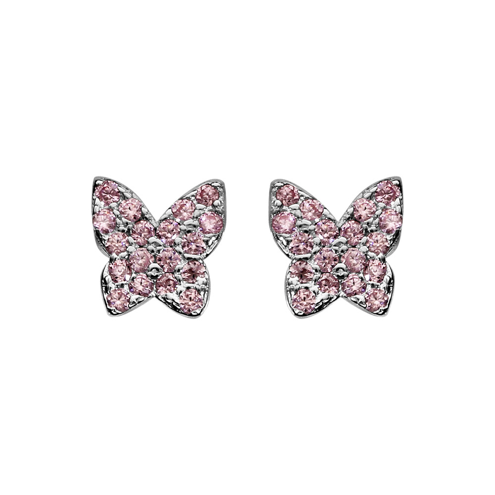 Boucles d\'oreilles en argent rhodi papillon pav de pierres roses serties et fermoir poussette - Vue 1