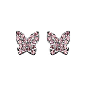 Boucles d\'oreilles en argent rhodi papillon pav de pierres roses serties et fermoir poussette - Vue 1