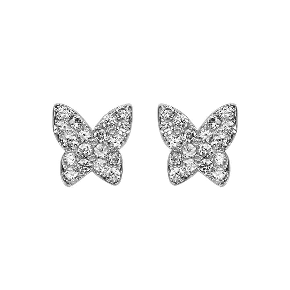 Boucles d\'oreilles en argent rhodi� papillon pav� d\'oxydes blancs sertis et fermoir poussette - Vue 1