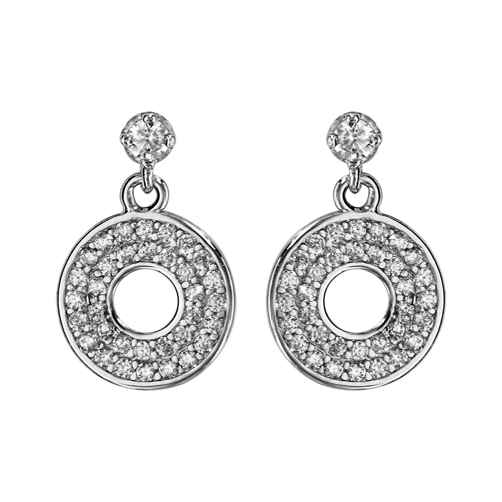 Boucles d\'oreilles en argent rhodi� pendantes cercle perc� oxydes blancs sertis fermoir � poussette - Vue 1
