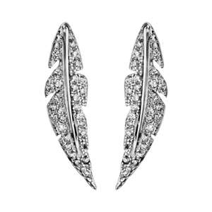 Boucles d\'oreilles en argent rhodié plume irrégulière et pavée d\'oxydes blancs sertis et fermoir clou avec poussette - Vue 1