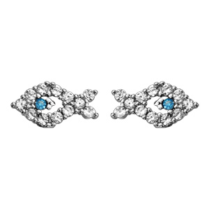 Boucles d\'oreilles en argent rhodié poisson évidé orné d\'oxydes blancs sertis et 1 oxyde bleu pour l\'oeil - fermoir clou avec poussette - Vue 1