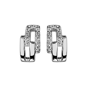 Boucles d\'oreilles en argent rhodié 2 rectangles ouverts imbriqués dont 1 orné d\'oxydes blancs sertis et fermoir clou avec poussette - Vue 1