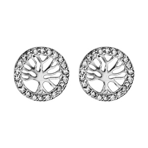 Boucles d\'oreilles en argent rhodi rond orn d\'oxydes blancs sertis avec arbre de vie  l\'intrieur et fermoir poussette - Vue 1