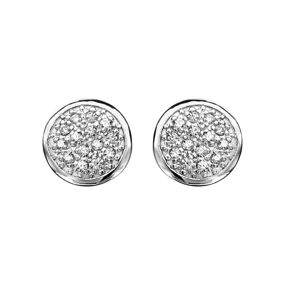 Boucles d\'oreilles en argent rhodi� rond pav� d\'oxydes blancs sertis bord argent fin et fermoir poussette - Vue 1