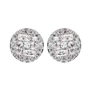 Boucles d\'oreilles en argent rhodi ronde pave d\'oxydes blancs et fermoir poussette - Vue 1