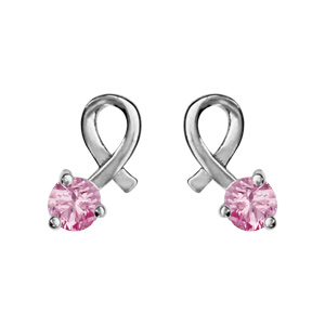 Boucles d\'oreilles en argent rhodi ruban nou avec 1 oxyde rond rose serti  l\'extrmit et fermoir poussette - Vue 1