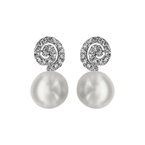 Boucles d\'oreilles en argent rhodié spirale en oxyde blancs sertis avec perle blanche synthétique au bout et fermoir clou avec poussette - Vue 1