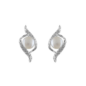 Boucles d\'oreilles en argent rhodi torsade avec perle blanche et fermoir poussette - Vue 1
